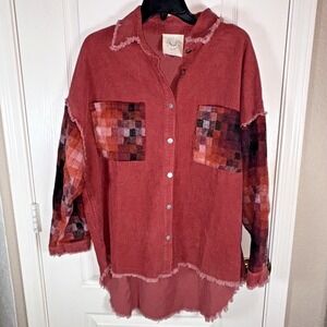 Fantastic Fawn Small Shacket Button Down Long Sleeve Women Top Oversized Red Rus
